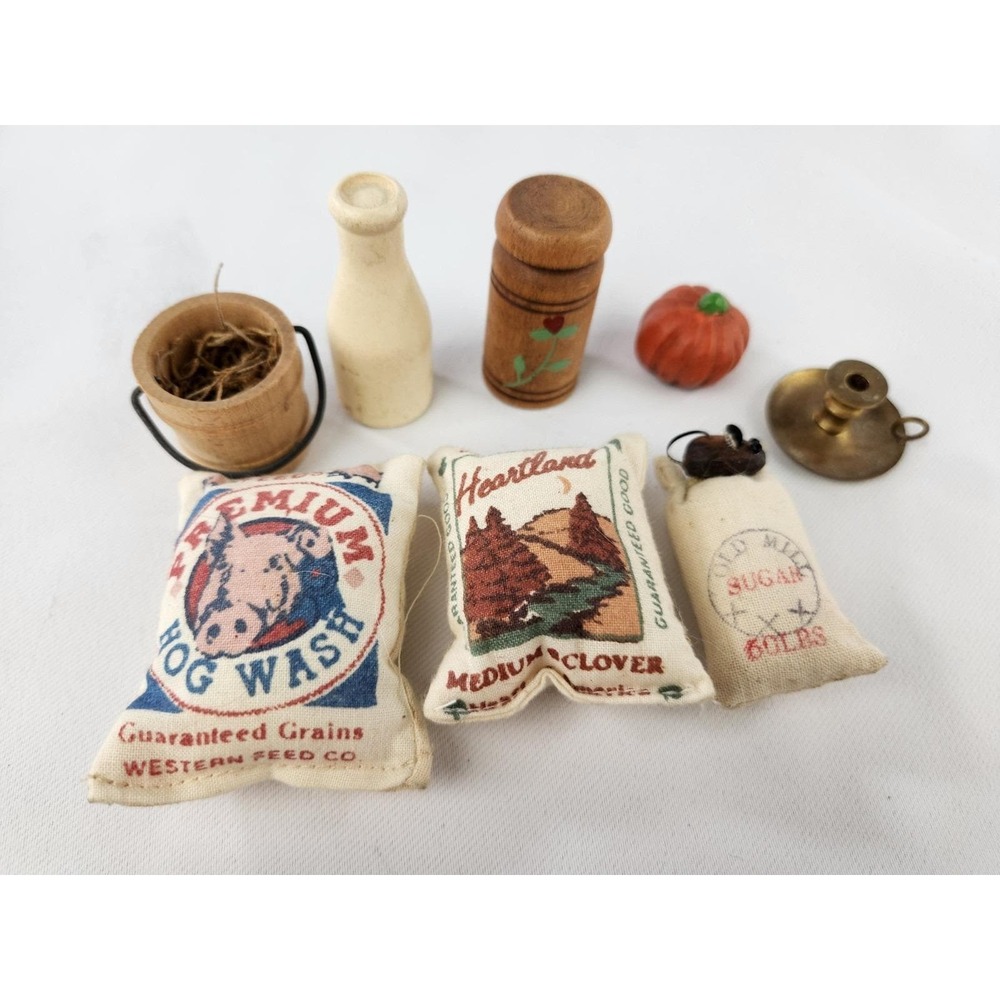 Vintage Dollhouse Miniatures Farm Feed Sack Candlestick Holder Bucket Shelf Mini